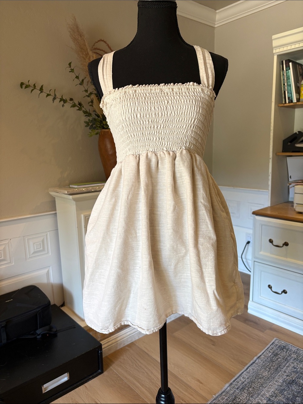 American Eagle Outfitters Cream Smocked Mini Dress
